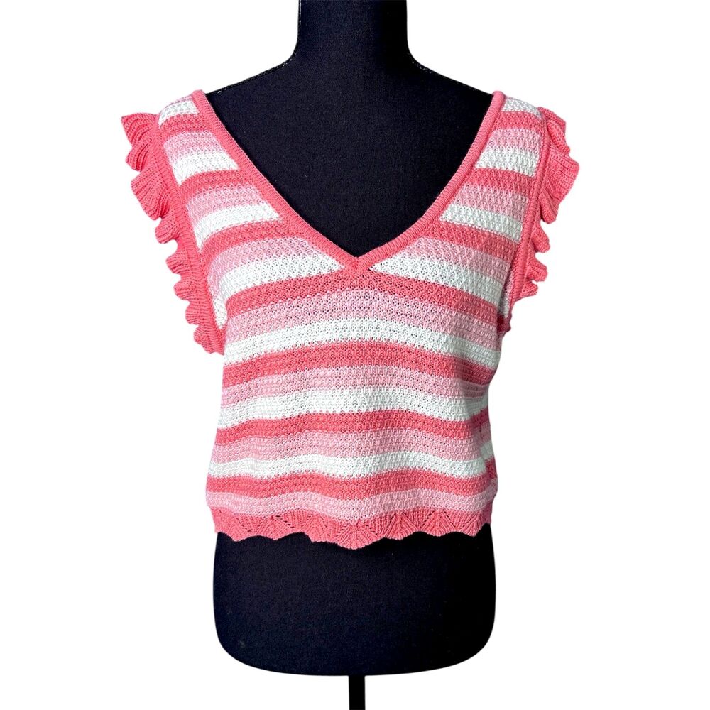 Madden NYC Juniors Pink Stripe Crop Top XL Ruffle Festival Coquette Crochet Boho
